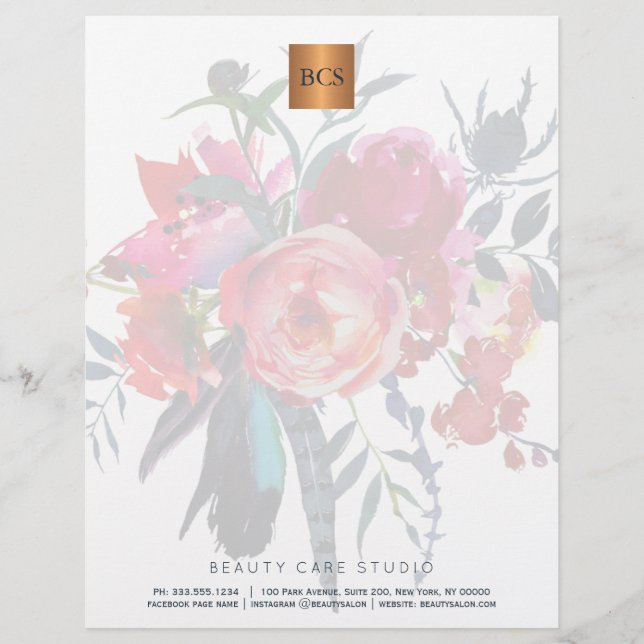 Membrete Copper de oro metálico floral elegante monogramado (Anverso)