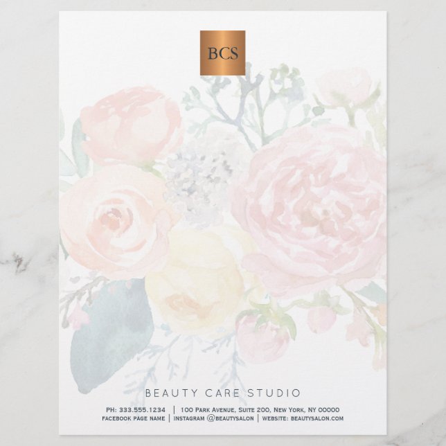 Membrete Copper de oro metálico floral elegante monogramado (Anverso)