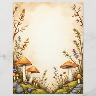 Membrete Cottagecore Mushroom and Wildflower Stationery Bor