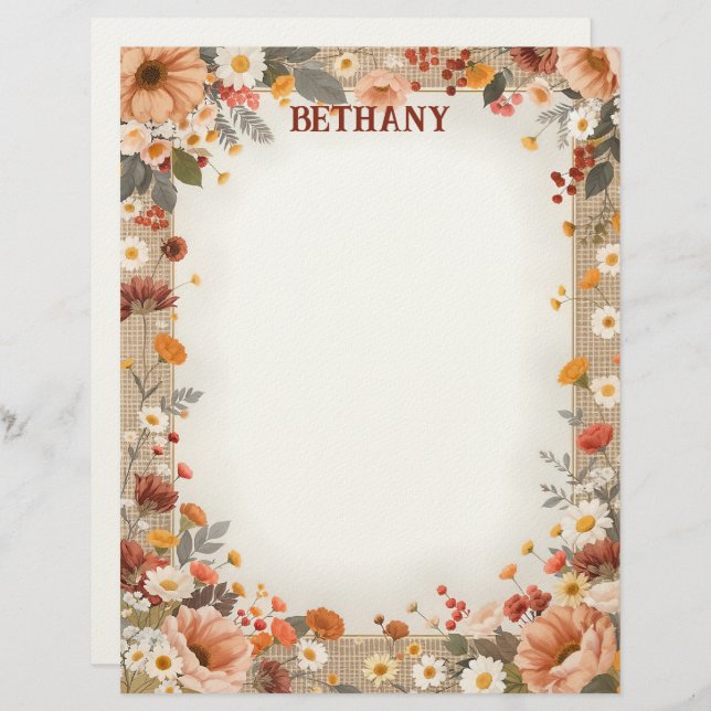 Membrete Country Flowers on Burlap Stationery Paper (Anverso / Reverso)