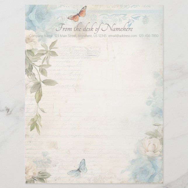 Membrete Create Your Own Blue Shabby Chic Buttefly Roses (Anverso)