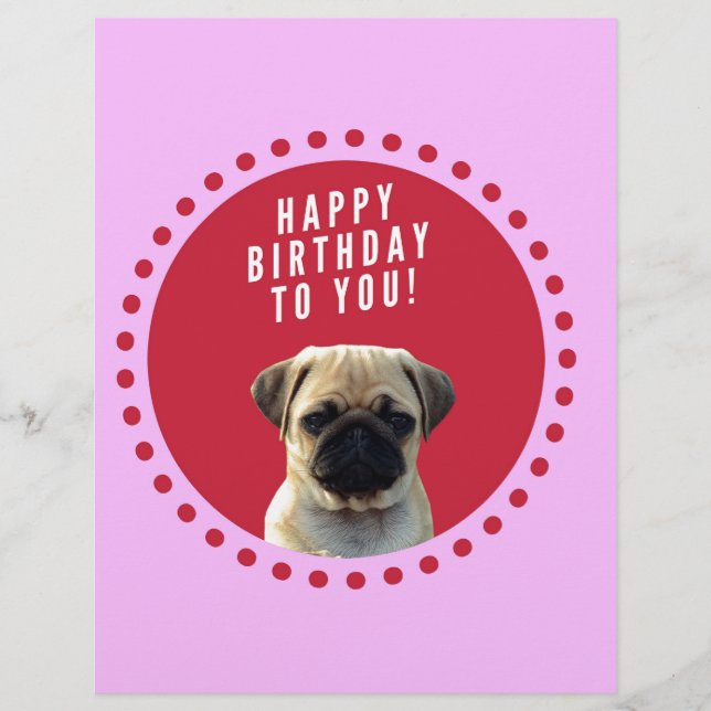Membrete Cute Pug Puppy Dog Feliz cumpleaños Red Dots Pink (Anverso)