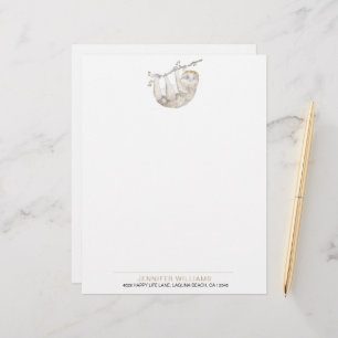 Membrete Cute Watercolor Sloth Lovers Letterhead