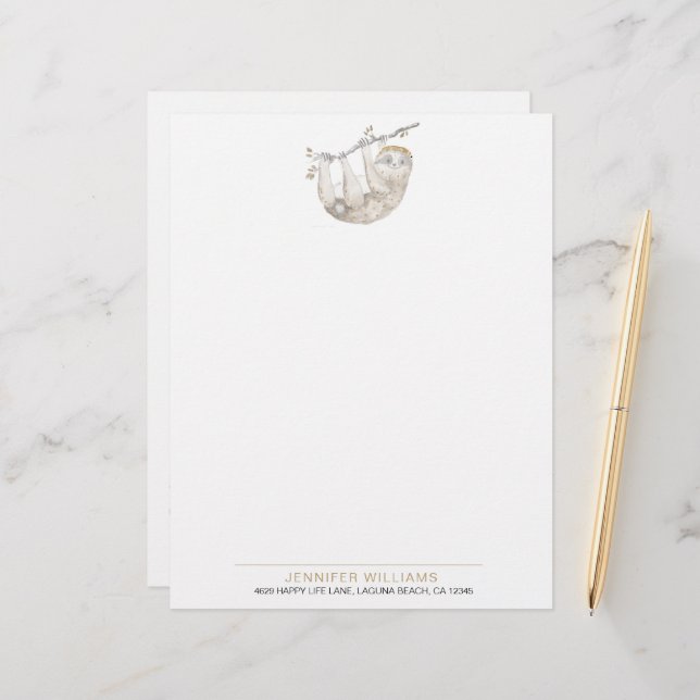Membrete Cute Watercolor Sloth Lovers Letterhead (Anverso/Reverso In Situ)