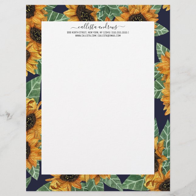 Membrete Cuto de campo Marina Amarilla Sunflowers acuarela (Anverso)