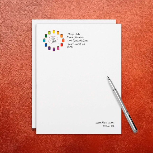 Membrete Dedal de coser, aguja e hilos (Sewing Thimble, Needle and Threads Letterhead. Customize your text. )