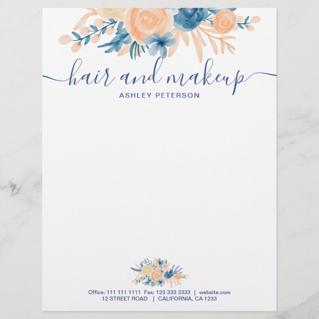 Membrete Detalles de la acuarela floral de melocotón azul (Anverso)