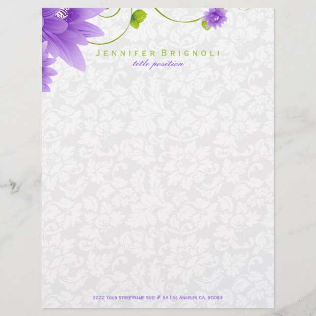 Membrete Diseño floral morado blanco y verde (Anverso)