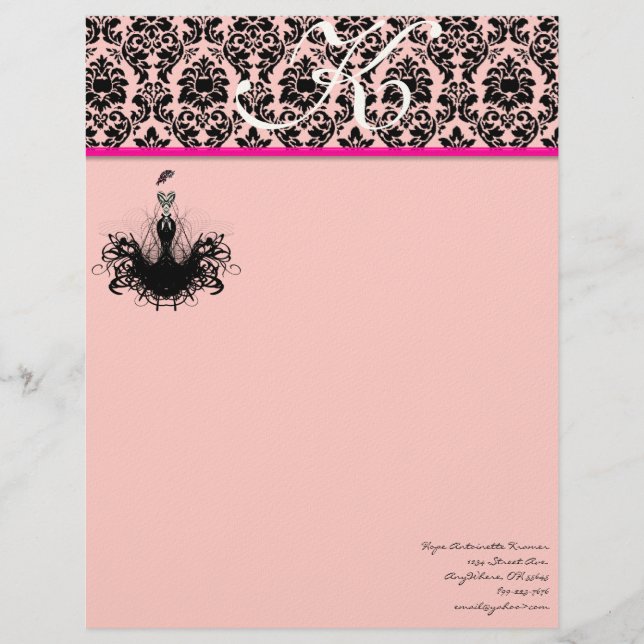 Membrete Diva de la Moda 2 Frambuesa Rosa Monograma Damask (Anverso)