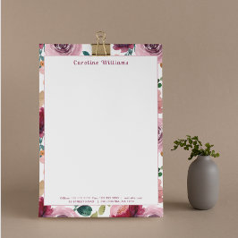 Membrete Elegante acuarela Flores púrpuras nombre tipografí