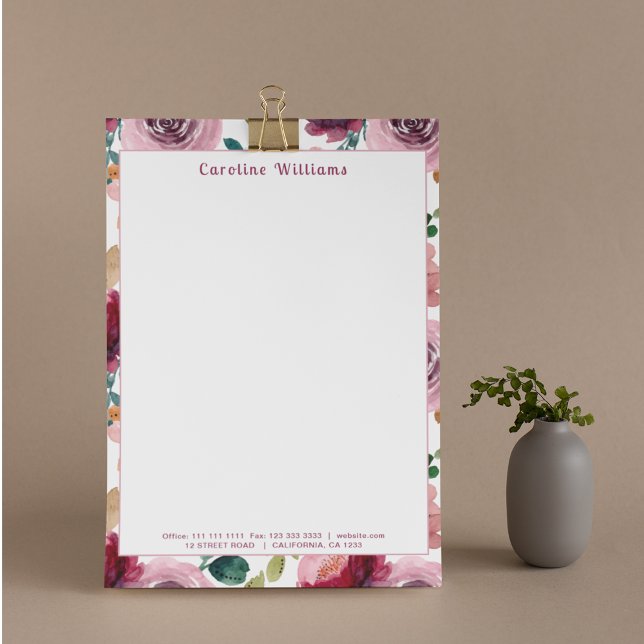 Membrete Elegante acuarela Flores púrpuras nombre tipografí (Subido por el creador)