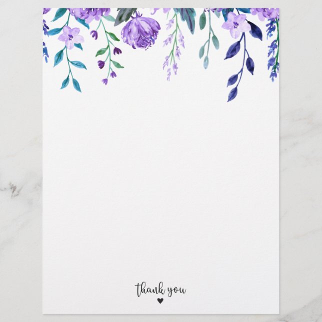 Membrete Elegante acuarela Purple Floral Gracias (Anverso)