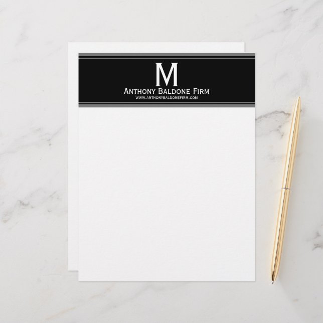 Membrete Elegante Black Gray Stripes Business Name Monogram (Anverso/Reverso In Situ)