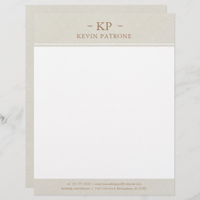 Membrete Elegante Cream Linen Gold Texto minimalista (Anverso / Reverso)