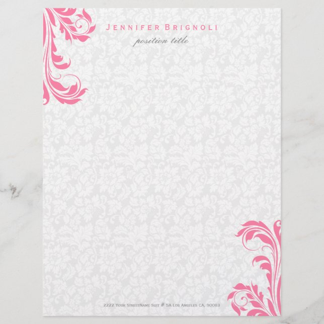 Membrete Elegante Damascos Blancos Pink Floral Swirl (Anverso)