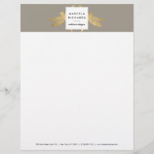 Membrete Elegante dúo Faux Gold Dragonfly en Taupe