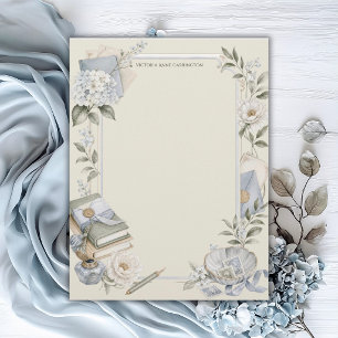 Membrete Elegante Floral Azul Francés Personalizado