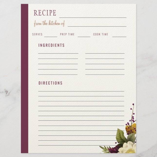 Membrete Elegante floral de la cocina de receta en blanco (Anverso)