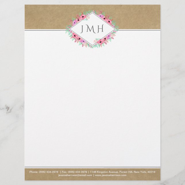 Membrete Elegante Floral & Kraft Personal O Business (Anverso)