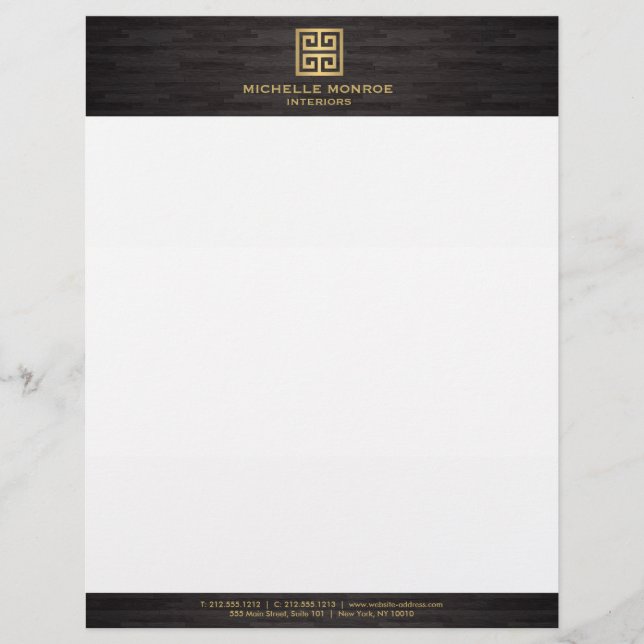 Membrete Elegante Gold Greek Key Interior Designer Woodgrai (Anverso)