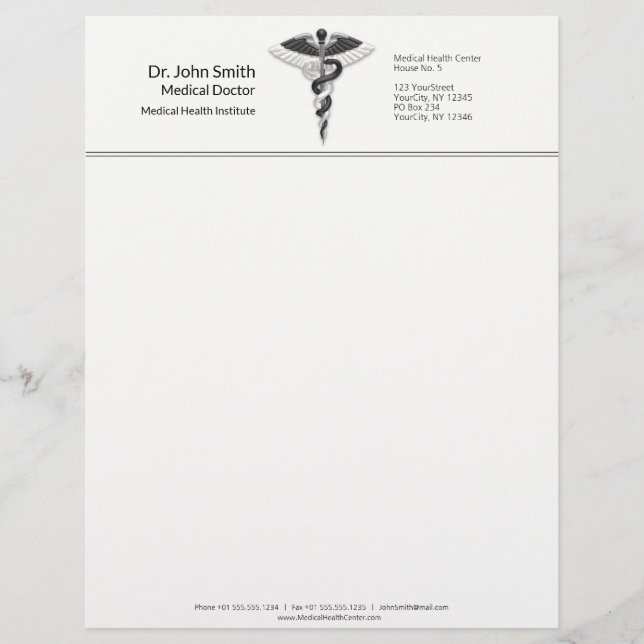 Membrete Elegante médico blanco negro elegante Noble Caduce (Anverso)
