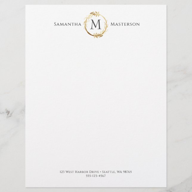 Membrete Elegante Monograma botánico dorado (Anverso)