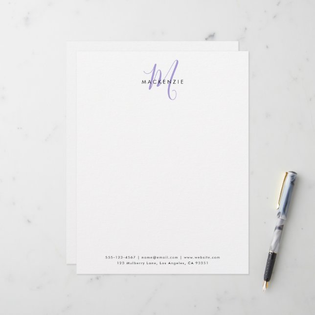 Membrete Elegante Monograma Moderno de Letra Script Blanca  (Anverso/Reverso In Situ)