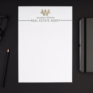 Membrete Elegante Monograma Personalizado Blanco y Oro