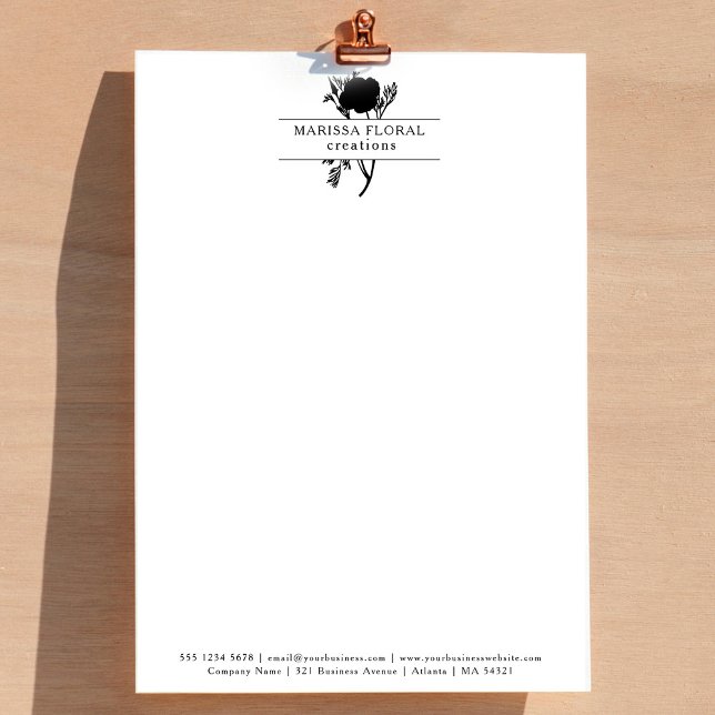 Membrete Elegante tienda de flores botánicas floristas blan (Elegant Black White Florist Botanical Flower Shop Letterhead)