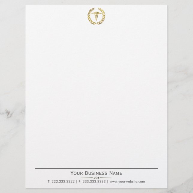 Membrete Elegante Wreath Gold Caduceus Médico Letterhead (Anverso)