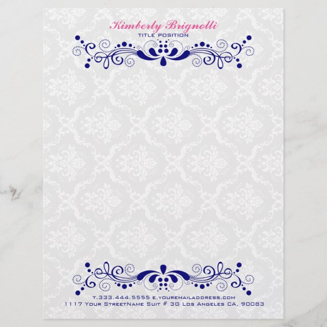 Membrete Elegantes damascos blancos florales Royal-Blue Lac (Anverso)