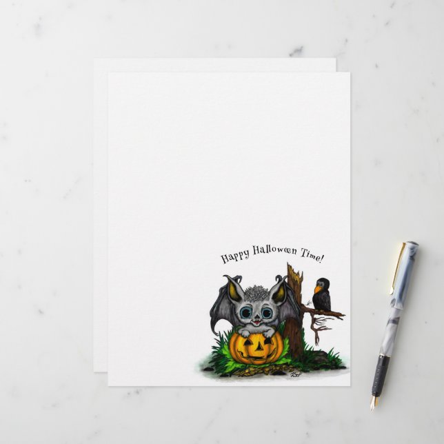 Membrete Esperando Halloween , Cute Bat y Raven (Anverso/Reverso In Situ)