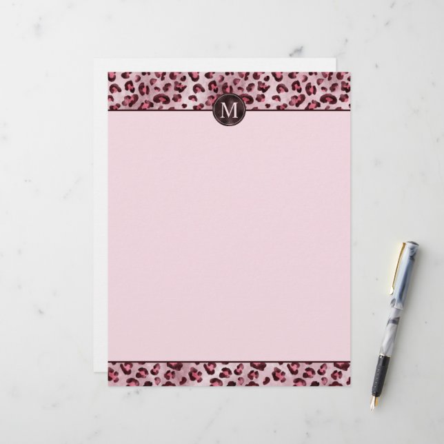Membrete Estampado Animal Leopardo Rosa Con Monograma De Ho (Anverso/Reverso In Situ)