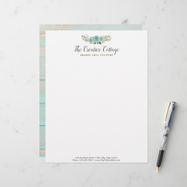 Membrete Estilo rústico de cabaña destartalada turquesa flo (Anverso/Reverso In Situ)