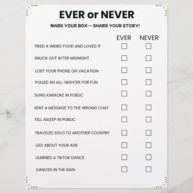 Membrete Ever or Never Game – Printable Icebreaker (Anverso)