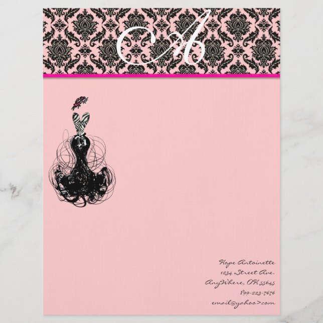 Membrete Fashion Diva Raspberry rosa Monograma Damask (Anverso)