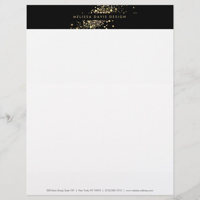 Membrete Faux Gold Confetti en Black Modern Letterhead (Anverso)
