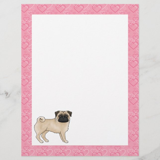 Membrete Fawn Pug Dog Personalizado Mops Love Heart Pattern (Anverso)