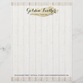 Membrete Feather bohemiana de oro en tablas de madera rusas