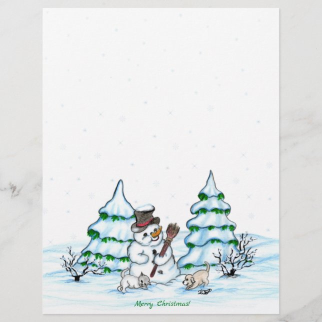 Membrete ¡Feliz Navidad! Muñeco de nieve con gato y cachorr (Anverso)