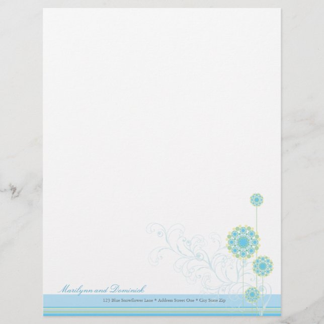 Membrete Flor de nieve Swirls Boda azul Letterhead (Anverso)