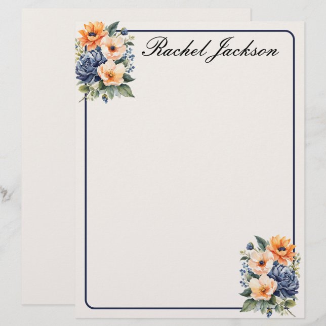 Membrete Floral azul naranja y crema (Anverso / Reverso)