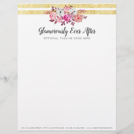 Membrete Floral Rosa y Glam dorado Acuarela Franja Moderna