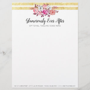 Membrete Floral Rosa y Glam dorado Acuarela Franja Moderna