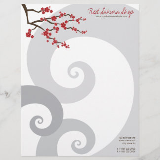 Membrete Flores de cerezo rojo Sakura y espirales grises