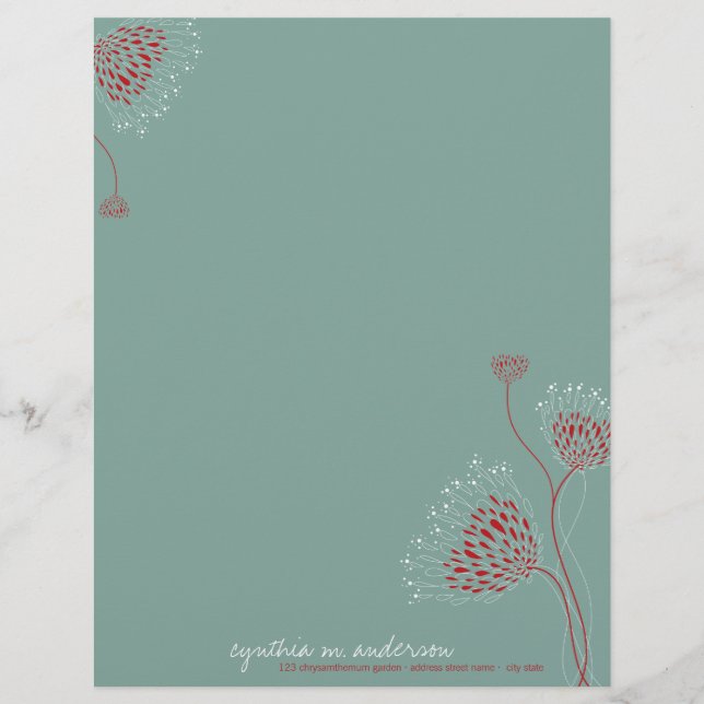 Membrete Flores de Crisantemo Rojo Floral Elegante Chic (Anverso)