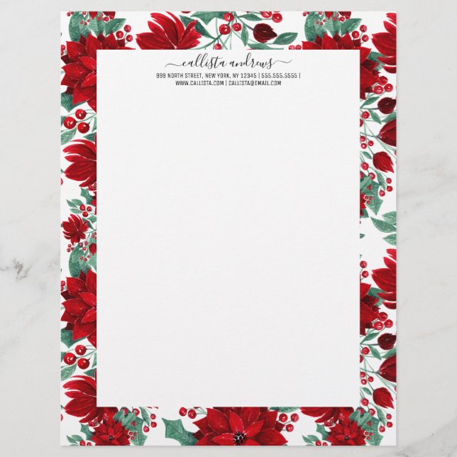 Membrete Flores de Poinsettia Rojas de cerezo Ivy Leaves ac (Anverso)