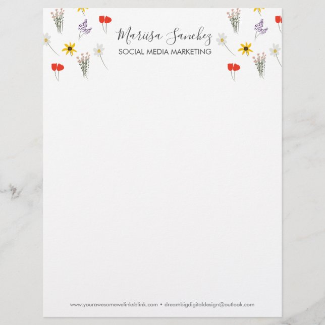 Membrete Flores silvestres Floral Script Name Modern Letter (Anverso)