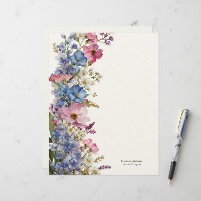 Membrete Flores silvestres personalizadas azules rosas blan (Anverso/Reverso In Situ)