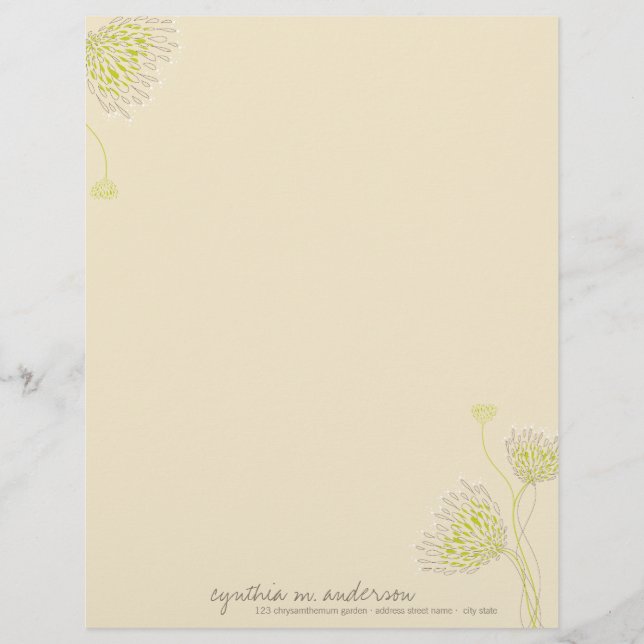 Membrete Flores Verdes de Crisantemo Elegante Chic Floral (Anverso)